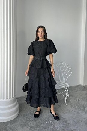 Moda Shop & Butik Siyah Kat Kat Balon Kollu Kemerli Elbise