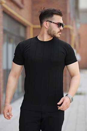 Erkek Ince çizgi Dokulu Bisiklet Yaka Kısa Kollu T-shirt