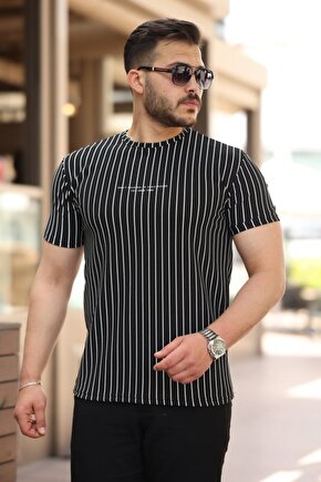 Myterrax Erkek Dikey Çizgili Ottoman Kumaş Kısa Kollu T-shirt