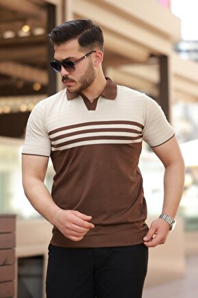 Myterrax Erkek Çizgi Desenli Yakalı Kısa Kollu T-shirt