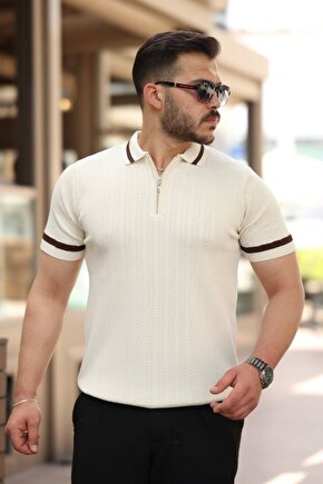 Gelirr Erkek Yaka Ve Kolları Çizgi Detaylı Fermuarlı Kısa Kollu T-shirt