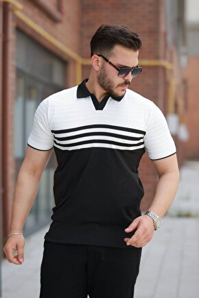 Myterrax Erkek Çizgi Desenli Yakalı Kısa Kollu T-shirt