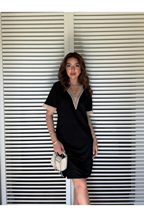 Kadın V Yaka Güpürlü İki İplik Elbise