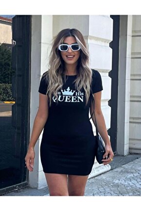 Kadın Kısa Kollu Queen Baskı Iki Iplik Mini Elbise