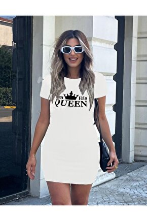 Kadın Kısa Kollu Queen Baskı Iki Iplik Mini Elbise