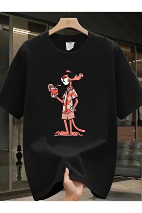 Baskılı Oversize Bisiklet Yaka T-shirt - Siyah