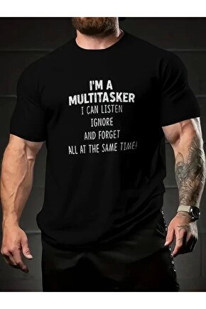 Baskılı Oversize Bisiklet Yaka T-shirt - Siyah