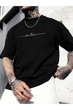 Baskılı Oversize Bisiklet Yaka T-shirt - Siyah