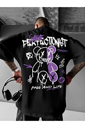 Baskılı Oversize Bisiklet Yaka T-shirt - Siyah