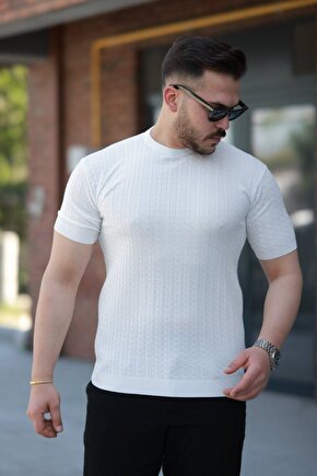 Myterrax Erkek Bisiklet Yaka Örgü Desenli Kısa Örme Triko Kısa Kollu T-shirt