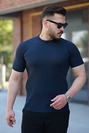 Moda Shop & Butik Erkek Bisiklet Yaka Örgü Desenli Kısa Örme Triko Kısa Kollu T-shirt