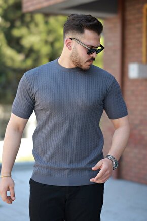 Moda Shop & Butik Erkek Bisiklet Yaka Örgü Desenli Kısa Örme Triko Kısa Kollu T-shirt