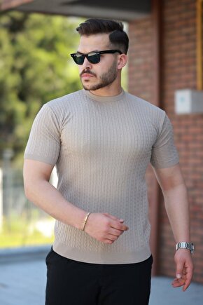 Erkek Bisiklet Yaka Örgü Desenli Kısa Örme Triko Kısa Kollu T-shirt