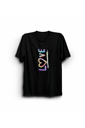 Sevgililer Günü Için Özel Tasarım Leopar Kalp Baskılı T-shirt - Siyah