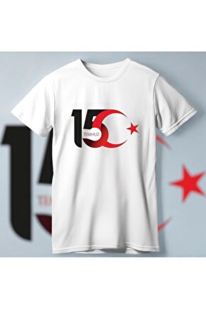 Myterrax 15 Temmuza Özel Tasarım Ay Yıldız Baskılı T-shirt - Beyaz