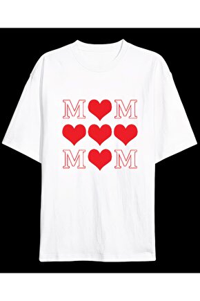 Myterrax Anneler Gününe Özel Tasarım Mom Kalp Baskılı T-shirt - Beyaz