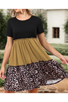 Moda Shop & Butik Kadın Leopar Detay Üç Parça Viskon Elbise