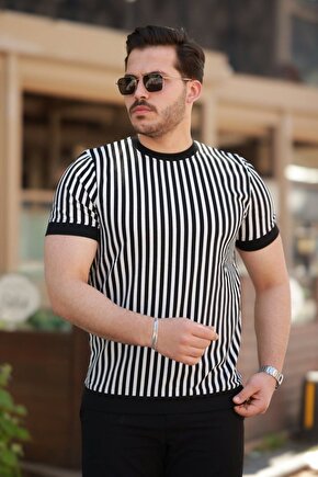 Gelirr Erkek Siyah Beyaz Örme Pamuklu Kumaş Kısa Kollu T-shirt