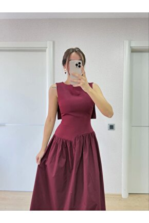 Gelirr Arkası Kanatlı Uzun Elbise- Bordo
