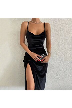 Kadın Askılı Degaje Yakalı Yırtmaçlı Kadife Midi Elbise