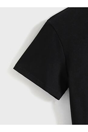 Baskılı Oversize Bisiklet Yaka T-shirt - Siyah