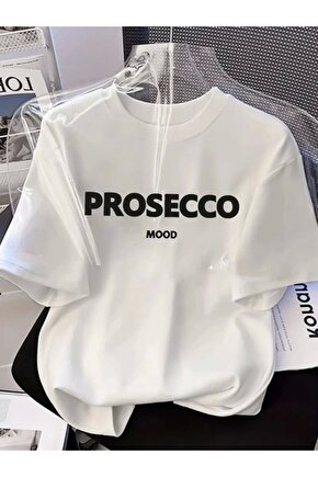 Baskılı Oversize Bisiklet Yaka T-shirt - Beyaz