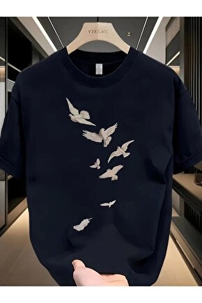 Baskılı Oversize Bisiklet Yaka T-shirt - Beyaz