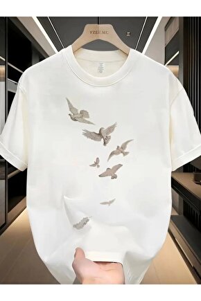Baskılı Oversize Bisiklet Yaka T-shirt - Beyaz