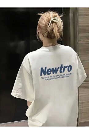 Baskılı Oversize Bisiklet Yaka T-shirt - Beyaz