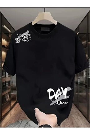 Baskılı Oversize Bisiklet Yaka T-shirt - Siyah