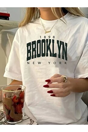 Baskılı Oversize Bisiklet Yaka T-shirt - Beyaz