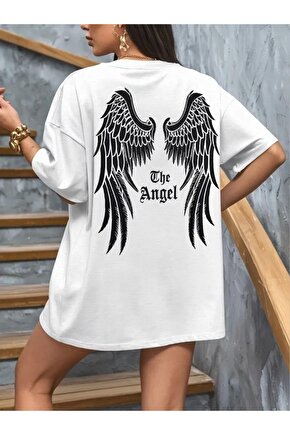 Baskılı Oversize Bisiklet Yaka T-shirt - Beyaz