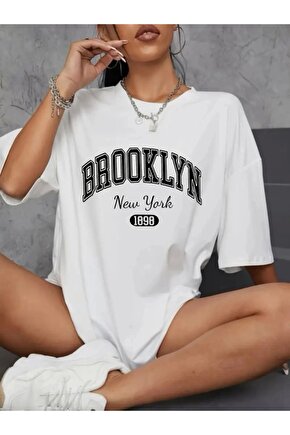 Baskılı Oversize Bisiklet Yaka T-shirt - Beyaz