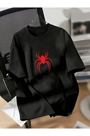 Baskılı Oversize Bisiklet Yaka T-shirt - Siyah