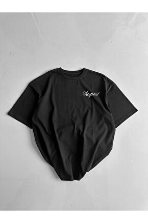 Baskılı Oversize Bisiklet Yaka T-shirt - Siyah