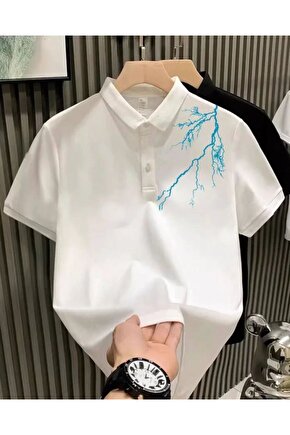 Myterrax Unisex Yakası Düğmeli Oversize Baskılı T-shirt - Beyaz