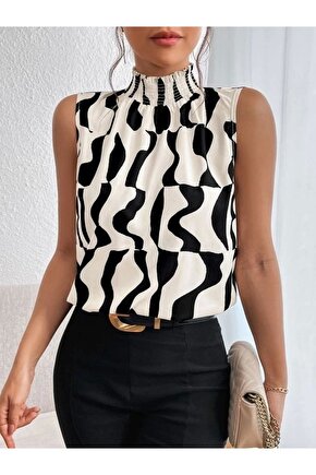 Kadın Kolsuz Balıkçı Yaka Desenli Süprem Bluz