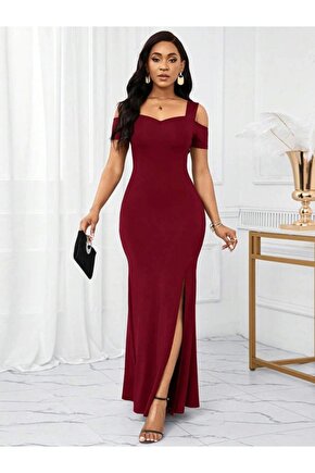 Kadın Omuzlardan Açık Askılı Yırtmaç Detaylı Uzun Ithal Krep Elbise
