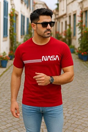 eyesof Erkek Kısa Kollu Nasa Baskı Basic Erkek T-shirt