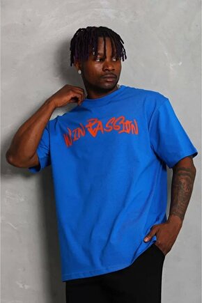 Unisex Oversize Baskılı Bisiklet Yaka T-shirt - Mavi