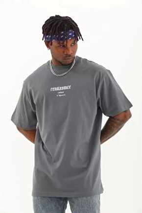 Unisex Oversize Baskılı Bisiklet Yaka T-shirt - Füme