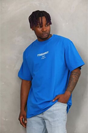 Ahes Shopping Unisex Oversize Baskılı Bisiklet Yaka T-shirt - Mavi