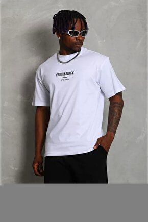 Unisex Oversize Baskılı Bisiklet Yaka T-Shirt - Siyah