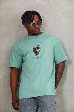 Mottisfashion Unisex Oversize Baskılı Bisiklet Yaka T-shirt - Mint Yeşili