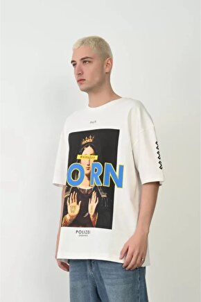 Modavera Unisex Baskılı Bisiklet Yaka Oversize T-shirt - Beyaz