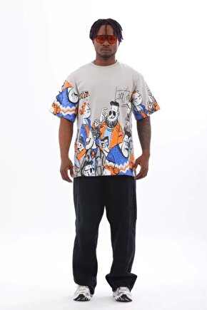 Unisex Oversize Baskılı Bisiklet Yaka T-Shirt - Gri
