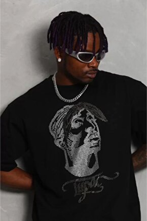 Modavera Unisex Oversize Taşlı Bisiklet Yaka T-shirt - Siyah