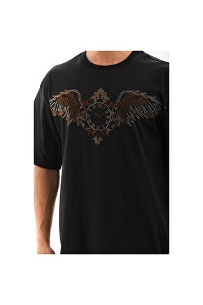 Unisex Oversize Taşlı Bisiklet Yaka T-Shirt - Siyah