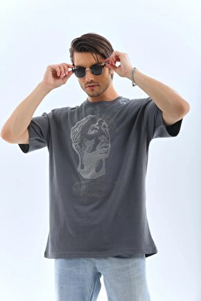 Mottisfashion Unisex Oversize Taşlı Bisiklet Yaka T-shirt - Füme