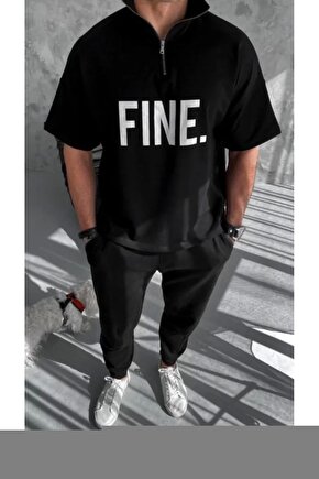 Unisex Baskılı Yarım Fermuarlı T-Shirt - Siyah